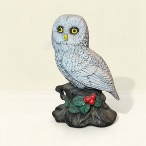 VTG Snowy Owl Ceramic Figurine White Grey Holly Berries 8" Hand Painted 1982 USA